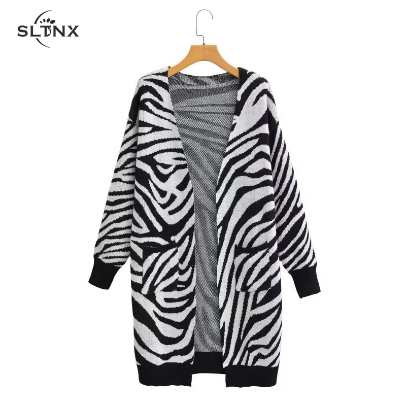 

SLTNX Long Cardigan for Woman 2023 Knitted New Coats Female Vintage Zebra Knitwears Cardigan Loose Coat Ladies Sweater Tops