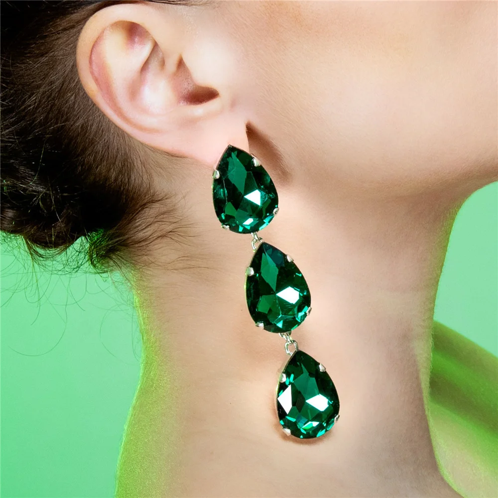 

Простые блестящие трехслойные зеленые серьги-подвески в форме капли воды, женские винтажные модные длинные серьги с блестящими кристаллам...