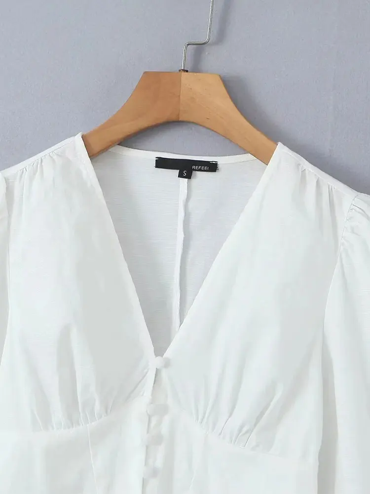 Женская винтажная рубашка с длинным рукавом V-образным вырезом и оборками