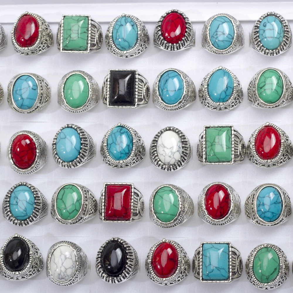 

Wholesale 30Pcs/Lot Vintage Bohemia Geometry Turquoises Stone Ring For Men Women Finger Antique Silver Color Jewelry Party Gifts