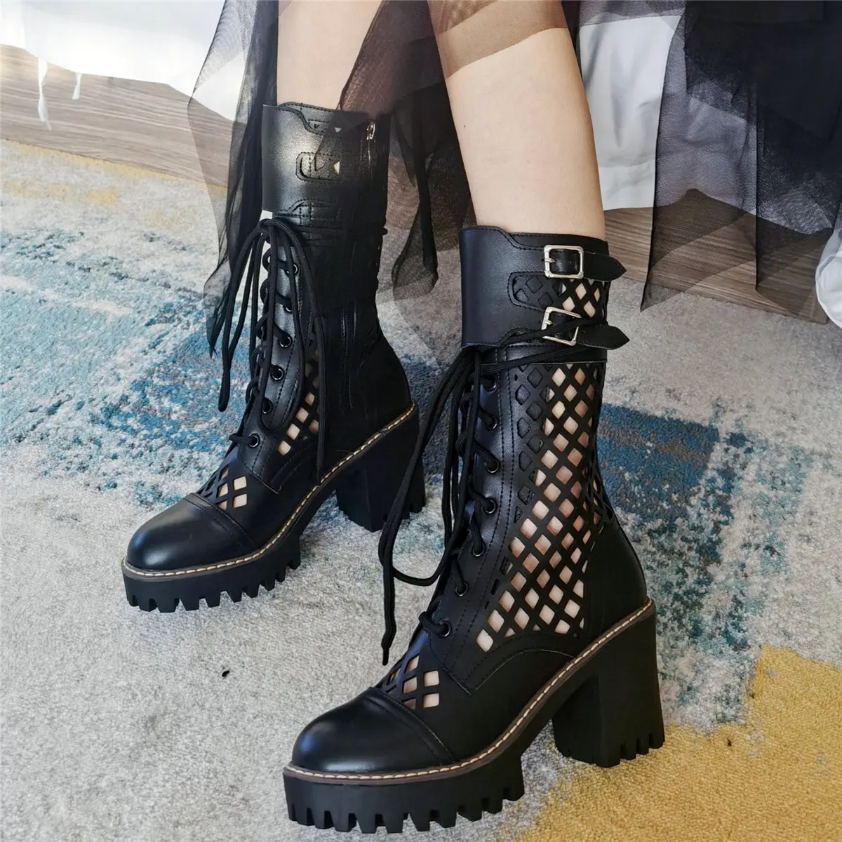 Lace Up Gladiator Sandals Women Hollow Genuine Leather High Heel Ankle Boots Female Summer Round Toe Platform Pumps Casual Shoes
