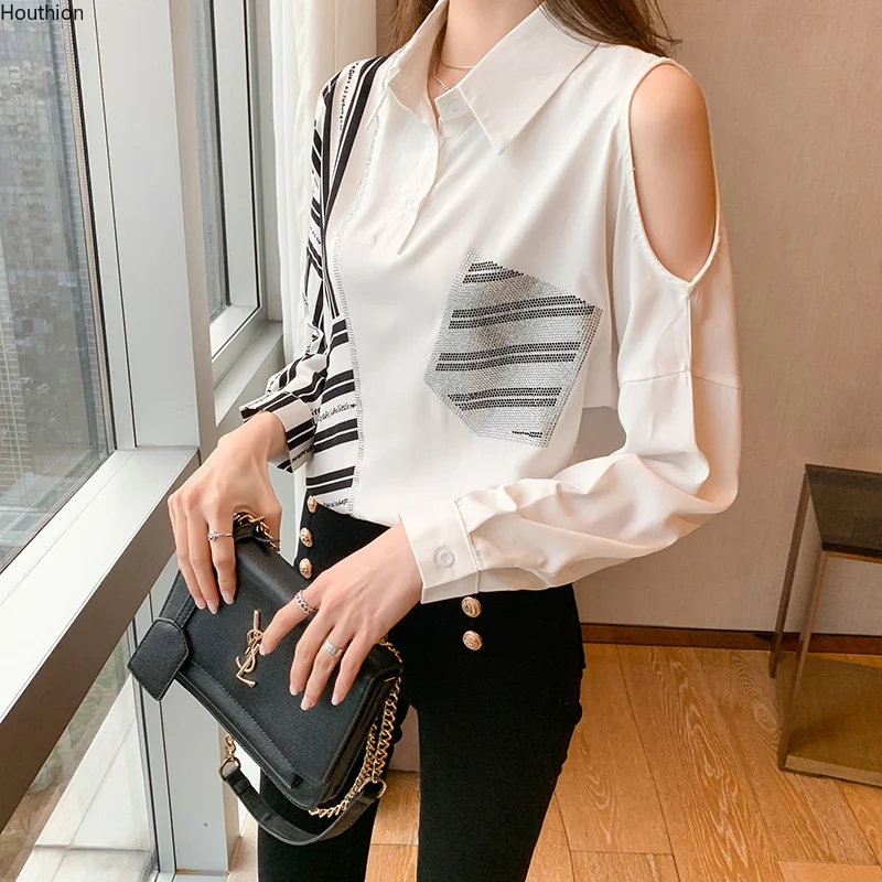 

Houthion New Chiffon Women's Blouses Loose Striped Lady Fashion Shirt Long Sleeve Top Summer Buttons Pockets
