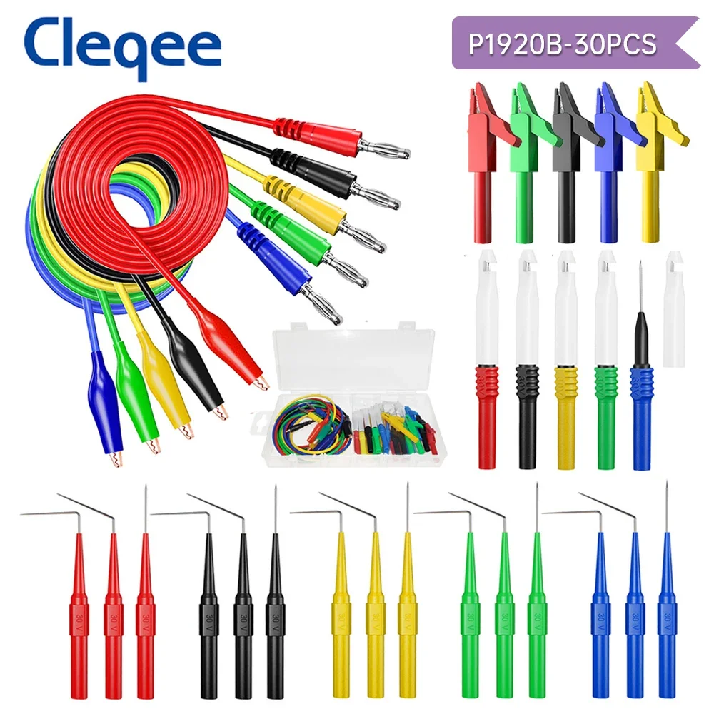 

Cleqee P1920B 30 шт., комплект задних зондов для мультиметра, тестовые провода, штекер типа «банан» 4 мм, зажимы типа «крокодил», зонд для прокалывания проводов, автомобильный инструмент