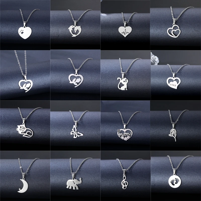 

Новое ожерелье из нержавеющей стали, подвеска в виде сердца, кота, слона, Дельфина, бабочки, Луны для женщин и мужчин, ожерелье, ювелирные изделия