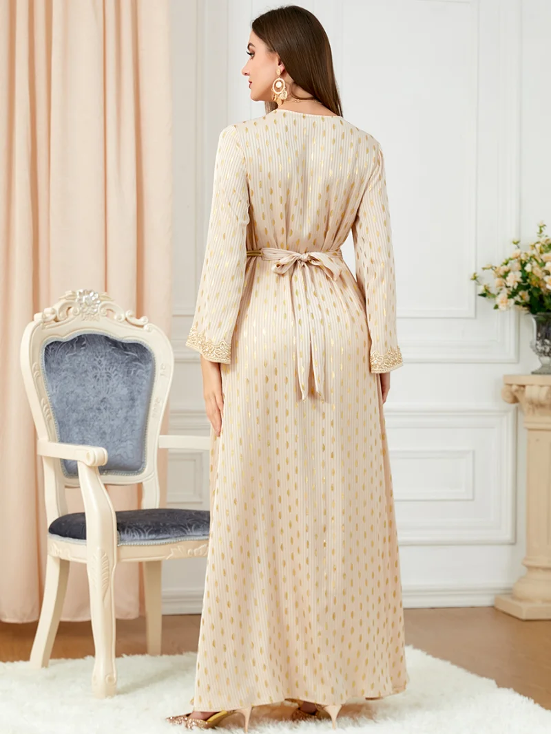 Caftan Marocain Embroidery Tape Trim Belted V-Neck Long Sleeve Evening Dress Women Long Dubai Bronzing Dot Abaya Ramadan New