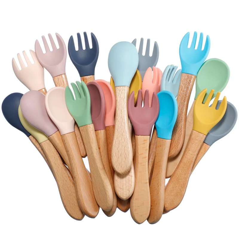 

2Pcs Baby Bamboo Fork Silicone Wooden Baby Feeding Spoon Toddlers Infant Feeding Accessories Organic BPA Free Food Grade