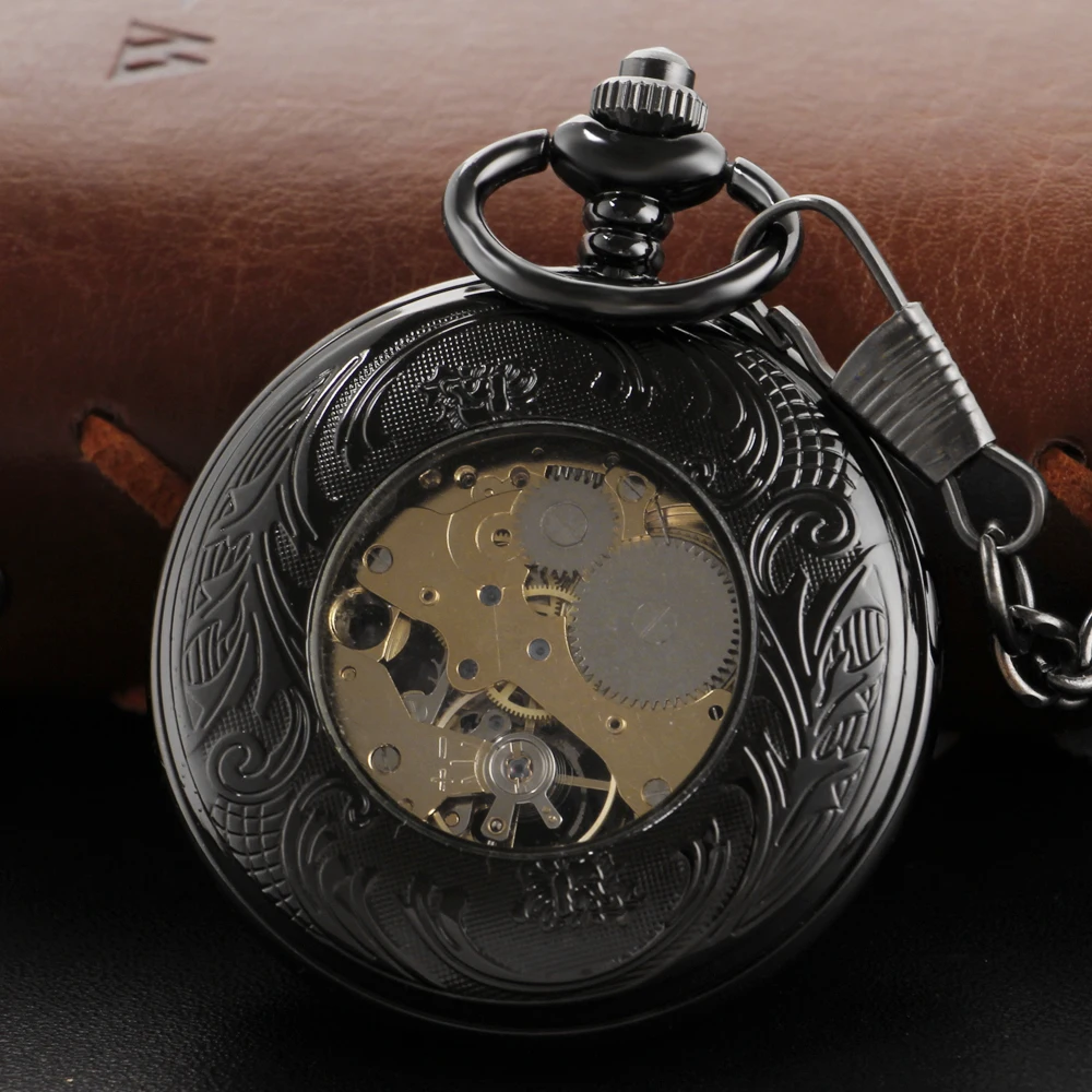 New Black Text Sculpture Mechanical Pocket Watch with Fob Chain Roman Digital Dial Fashion Pocket Watch Men's and Women's Gift