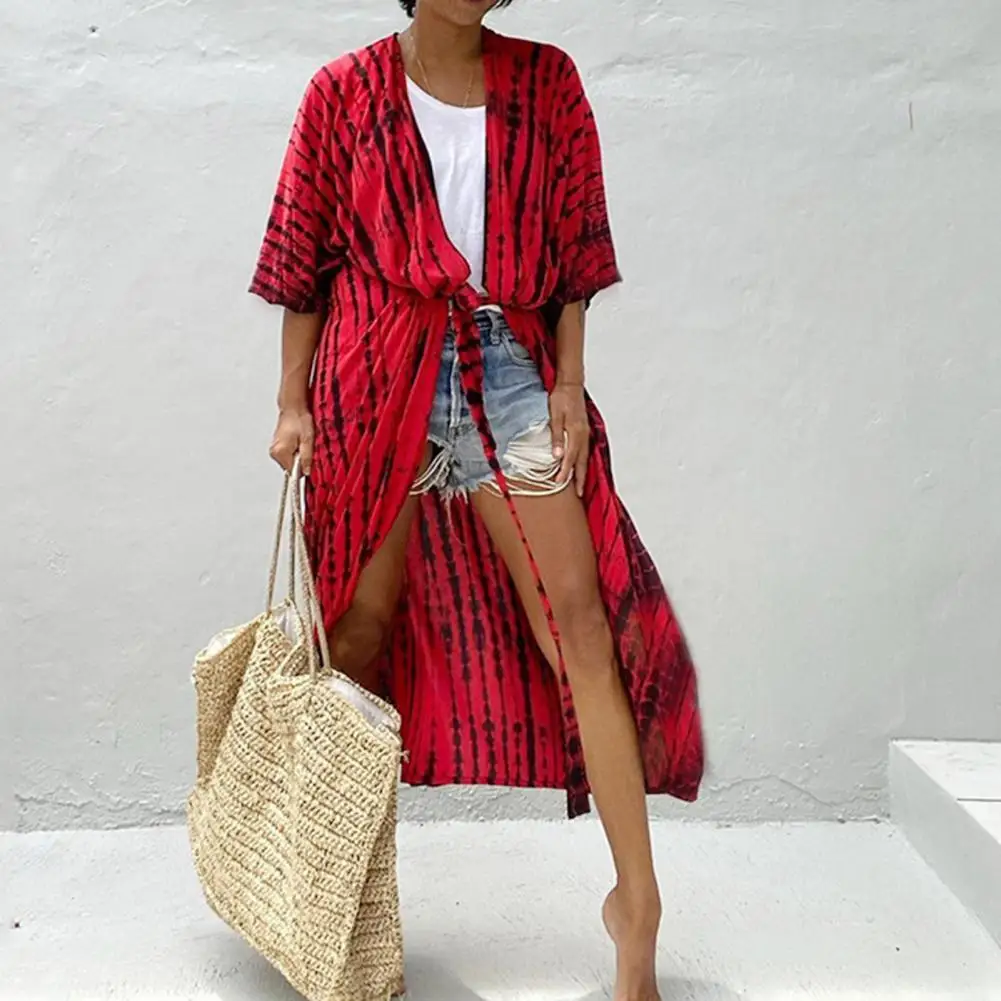 

2022 Bikini Cover-ups Black Retro Striped Self Belted Plus Size Summer Ladies Temperament Sun Protection Kimono Dress Beach Wear