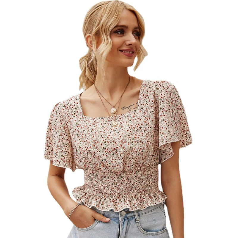 

Женские Модные топы, короткая облегающая одежда с цветочным рисунком, Повседневная шифоновая Готическая рубашка, Y2k, женские летние топы 2022