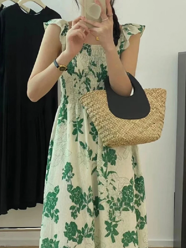 

Женское платье с квадратным вырезом, Элегантное Длинное плиссированное платье с рукавами-фонариками и цветочным принтом в Корейском стиле ...