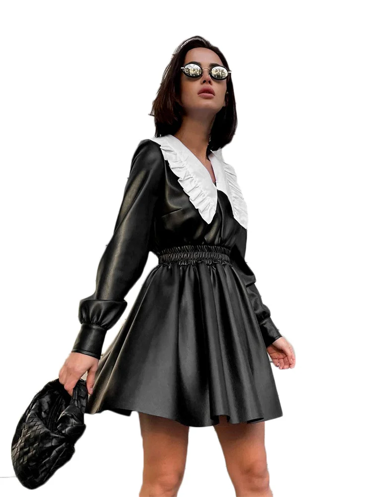 Enlarge Leather Coat Women Doll Collar PU Jacket 2022 Spring Autumn New Fashion High Waist Slim Long Sleeve Leather Clothing Streetwear