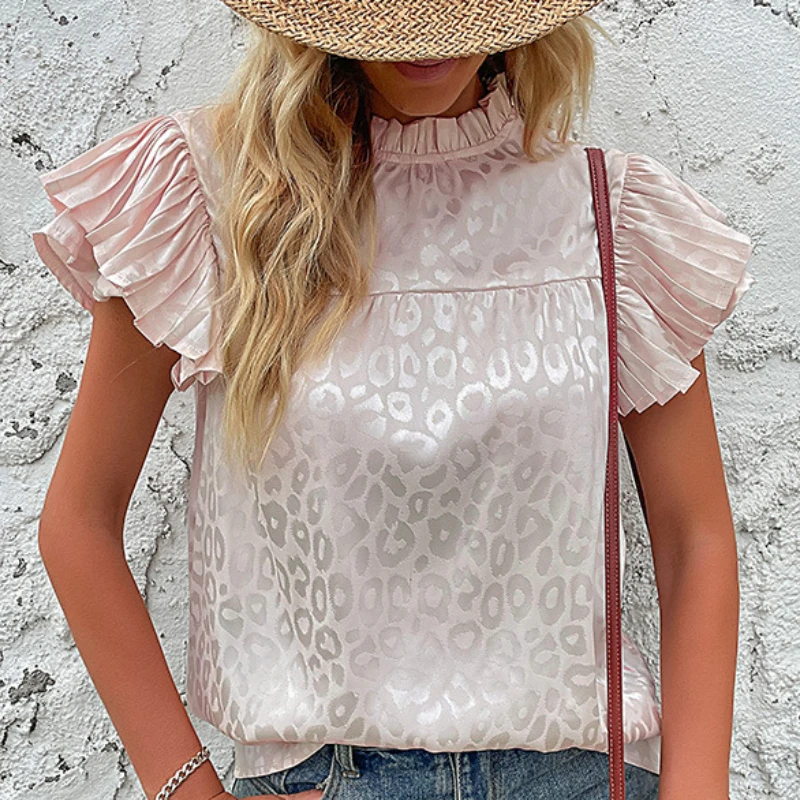 

Summer Leopard Print Pleated Ladies Tops Fashion 2023 Women Blouses Ruffled Flying Sleeve Satin Loose Woman Shirt Clothes 25618