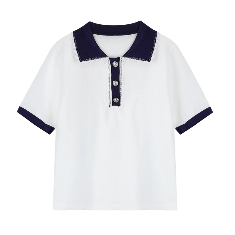 

Lapel Short Sleeve Tshirt 2022 Summer Women Casual Loose Polo Shirts White Knitted Tops Tees 70524