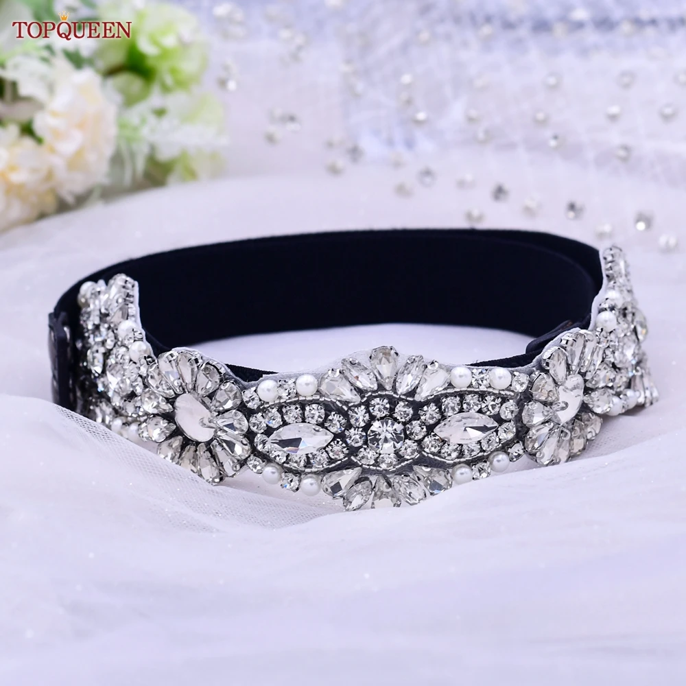 TOPQUEEN S237-D Beautiful Women's Black Elastic Belts Accessories Luxury Skirts Rhinestone Waistband for Evening Dresses Gown