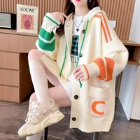 korean fashion sweater women knitted printed letters pocket college jacket hooded cardigan for women loose casual winter clothes