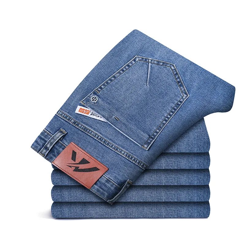 

Summer Men's Thin Light Blue Slim Jeans Classic Style Business Fashion Small Straight Stretch Denim Pants Male Brand Trousers