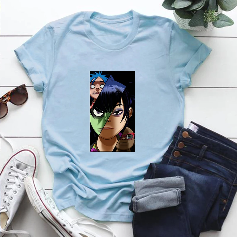 

Футболка женская оверсайз с круглым вырезом, модный топ в Корейском стиле Харадзюку с принтом Gorillaz, свободного кроя, для косплея