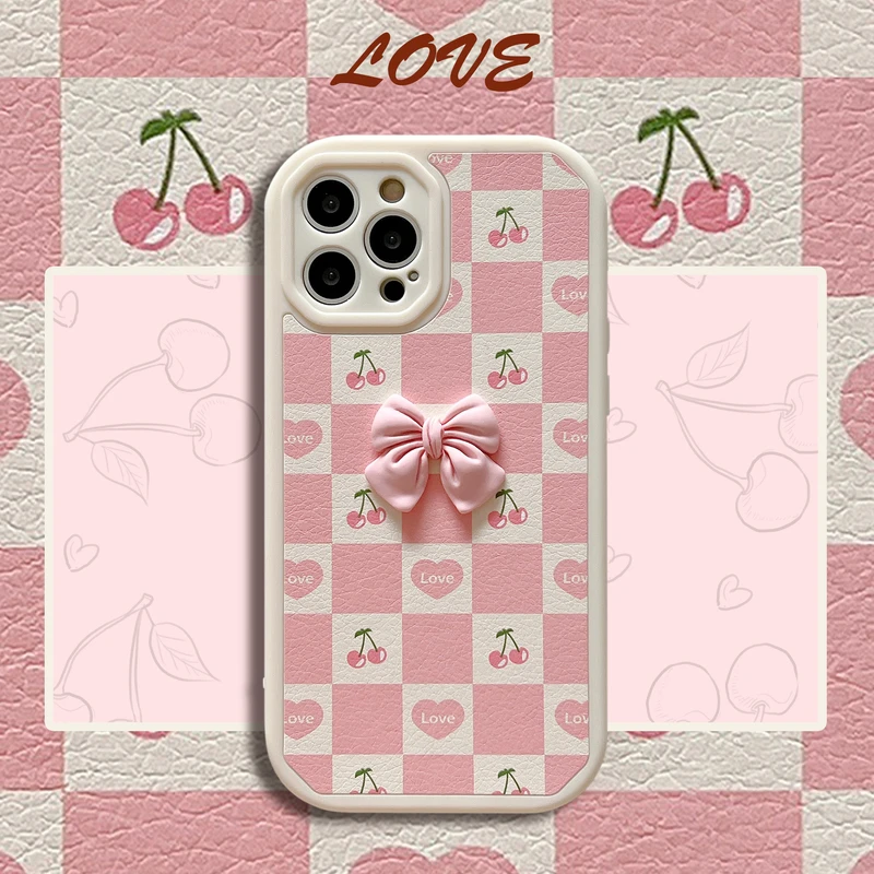 

Cute Pink Bow-knot Love Heart Cherry Korea Phone Case For iPhone 13 12 11 Pro Xs Max X Xr 7 8 Puls SE Shockproof Back Cover