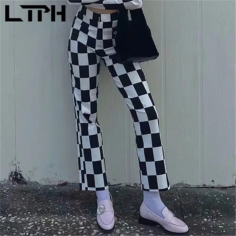 

LTPH клетчатые брюки женские модные уличные черные белые клетчатые повседневные брюки с высокой талией индивидуальный тренд 2022 ВЕСНА Новинк...
