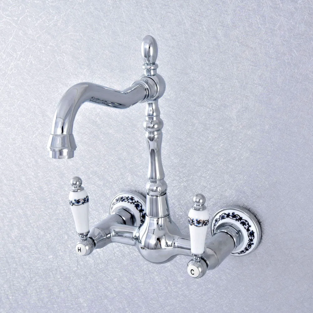 

Polished Chrome Brass Bathroom Kitchen Sink Basin Faucet Mixer Tap Swivel Spout Wall Mounted Dual Ceramic Handles msf552