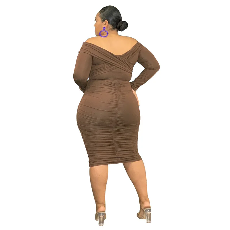 Plus Size Dresses Solid Long Sleeve Deep V-neck Slim Mid-Calf Party Dresses Evening Dresses Plus Size Women Clothing Office Lady