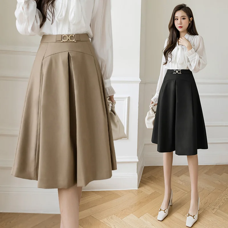 Elegant Vintage Women Skirts New Fashion Casual A Line Office Ladise Black Knee-length Skirt Korean High Waist Faldas