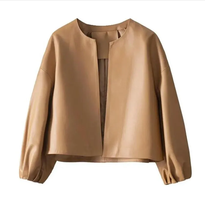 

Куртка женская короткая из экокожи с круглым вырезом и рукавами-фонариками