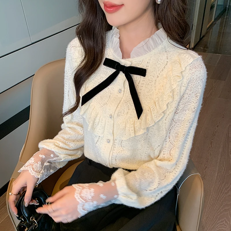 Новая женская рубашка с длинным рукавом и оборками кружевная бантом блузка