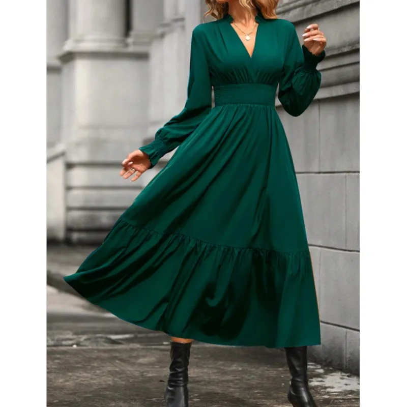 Elegant Ladies Dress Solid Color V-neck Pullover Lantern Sleeve A-line Folded Waist Long Sleeved 2024 Autumn New Item
