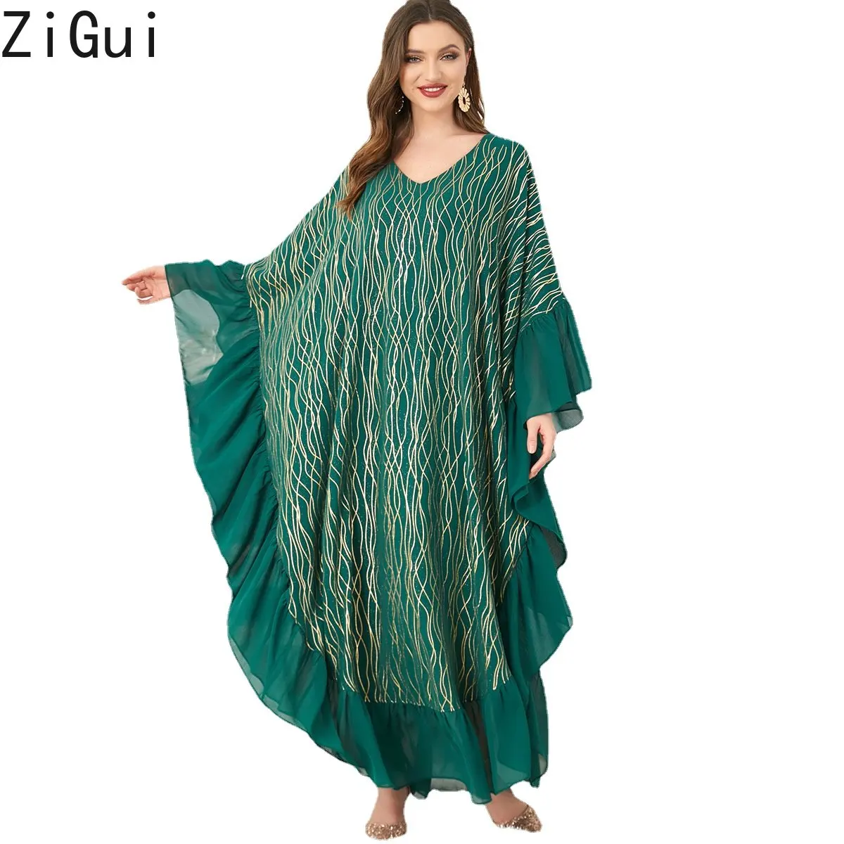 

Zigui Party Dresses Women Green Chiffon Gold Printing Dolman Sleeves Loose Evening Dresses Muslim Women