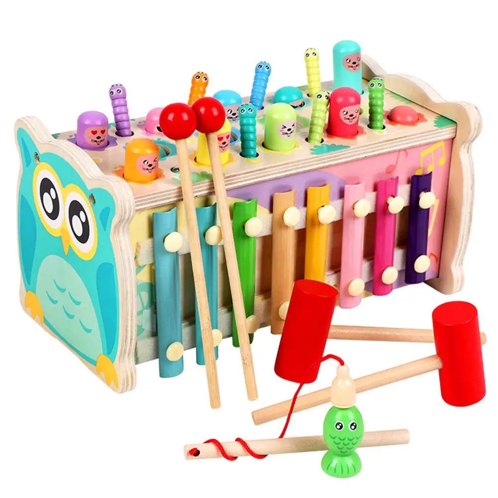 

Wooden Multi-functional Owl Whack-a-mole Toys Knocking Xylophone Fishing Educational Toys For Gift