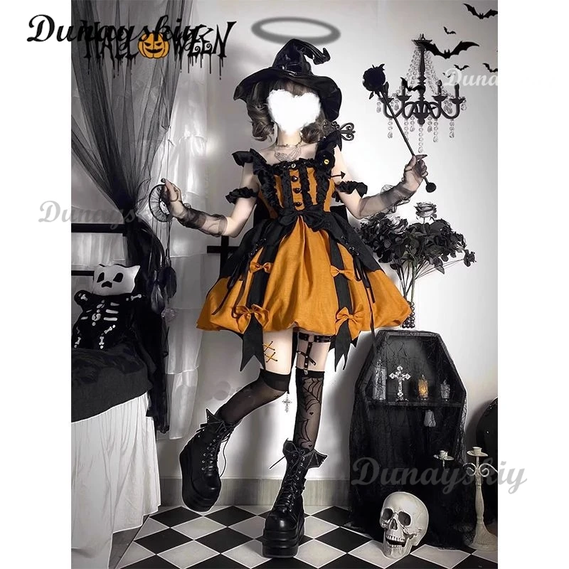ew dyniowy kolor czarownica lolita cosplay śliczny ciemny słodki mały diabeł kobiety impreza z okazji Halloween codzienna sukienka jsk