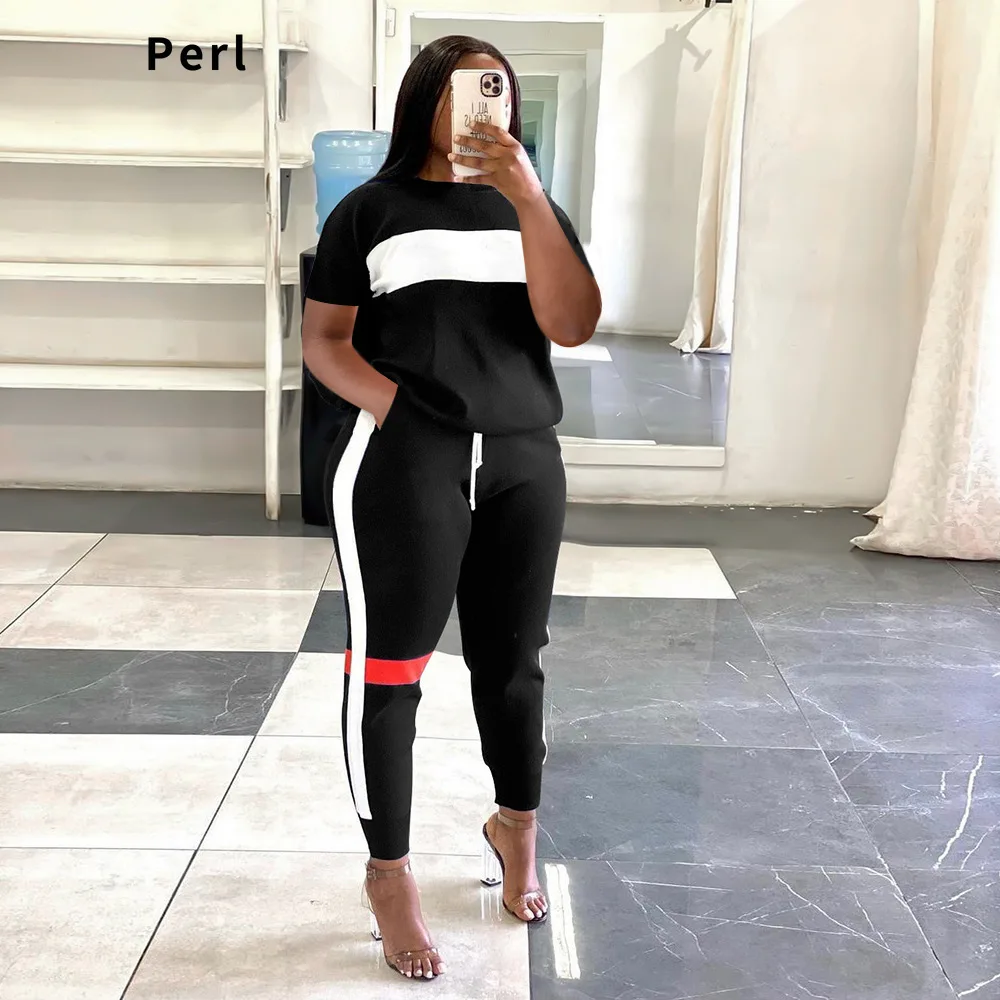 

Perl Stripe Patchwork Short Sleeve Two Piece Outfit Casual Sports Tracksuit Legging Pants Suit Matching Set Women Clothing 2022