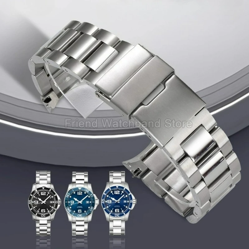 Фото Ремешок для часов из нержавеющей стали цвета стали 21 мм для Longines Conquest L3.781.4, складная пряжка с изогнутым интерфейсом, высококачественный материал №1