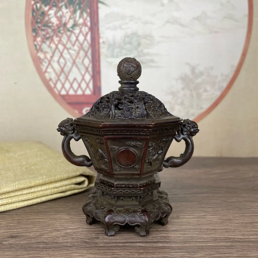 Антикварная рельефная курильница из бронзы четыре священных зверей для