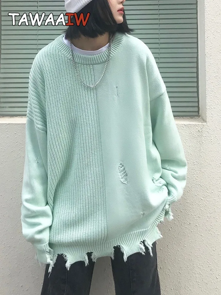 

Женский Однотонный свитер с вырезами Tawaaiw, теплые вязаные пуловеры большого размера в Корейском стиле на осень и зиму