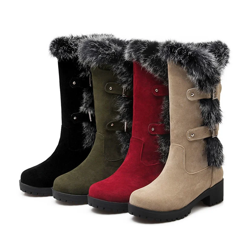 

BLXQPYT Flock Buckle Winter New Arrive Women Boots Black Wine Red Army Green Mid Calf Boots Med Heel Platform Big Size 43 C-911