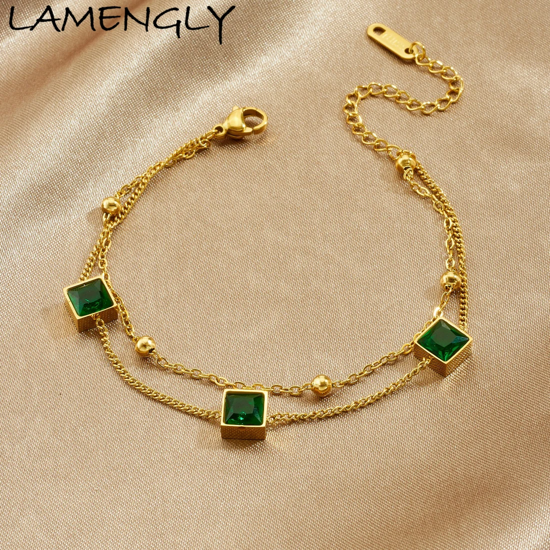 Фото LAMENGLY из нержавеющей стали 316L, зеленый кристалл, инкрустация, кубические бусины, браслет-подвеска, женская глубокая очаровательная цепочка на запястье, ювелирное изделие, подарок №1