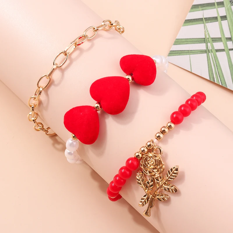 

Elegant Natural Stone Red Beaded Bracelet Red Heart Gold Rose Flower Charm Bracelets for Women Wedding Jewelry Gifts Pulsera