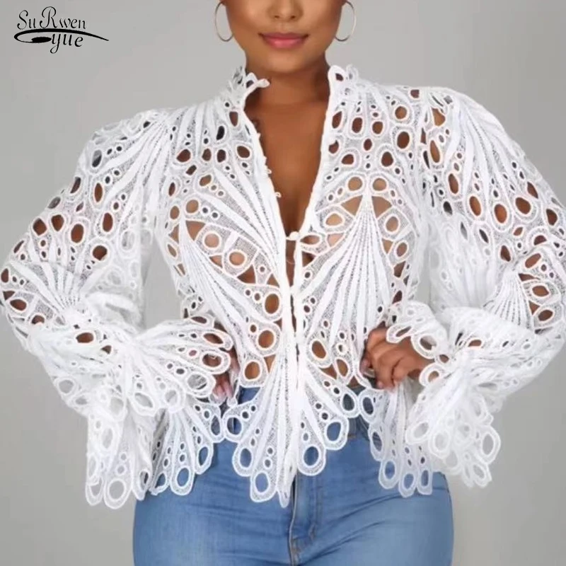 

Sexy Lace Shirt Casual Short Blouse Female Red/Pink/White Loose Tops Lantern Long Sleeve Stand Collar Shirts Hollow Out 18939