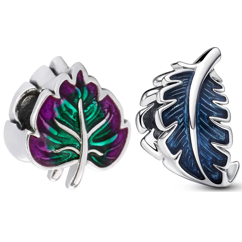 

Original Purple & Blue Enamel Curved Feather & Leaf Bead 925 Sterling Silver Charm Fit Europe Bracelet DIY Jewelry