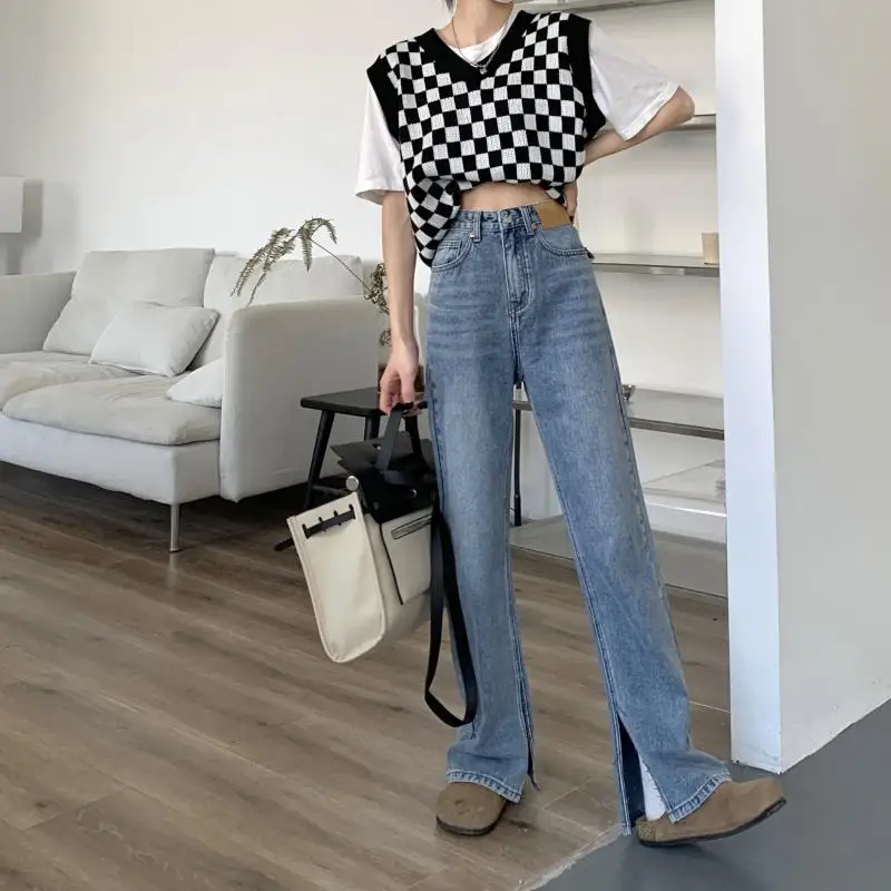 N1456  High waist slit jeans new retro fashion loose wide leg pants washed ins trousers women's jeans