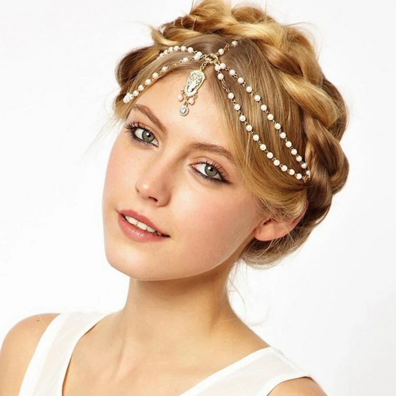 

1 Pcs Women Boho Vintage Deco Flapper Ivory Multi Beads Crown Tikka Headband Wedding Head Chain