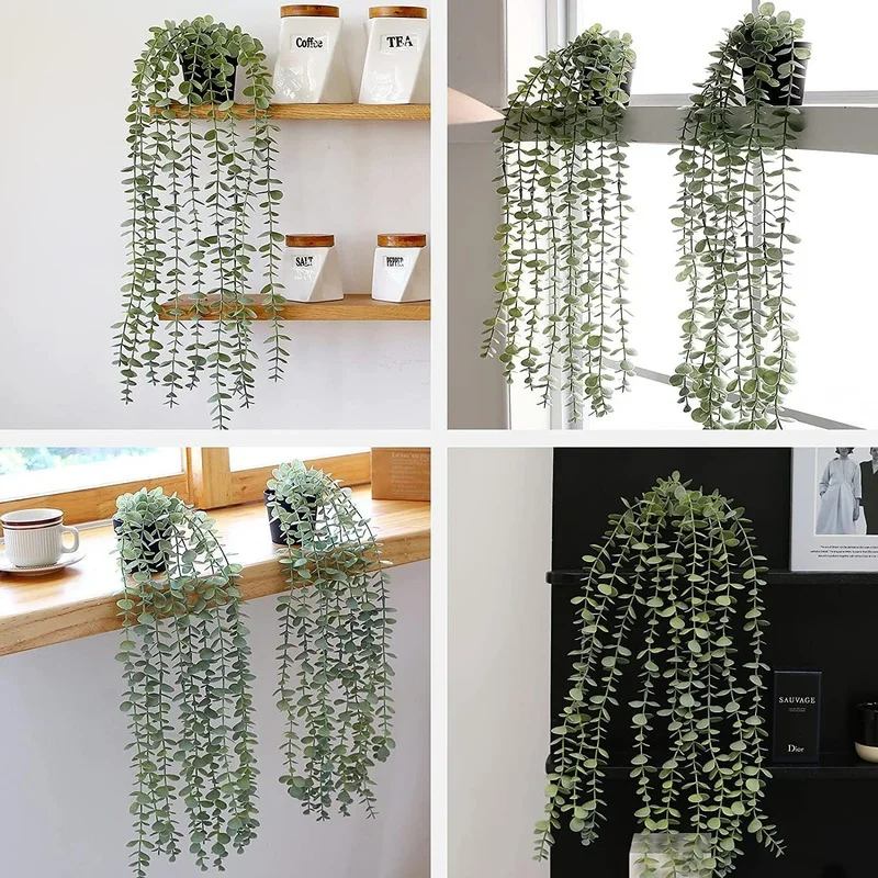 

New Hang Vine Artificial Eucalyptus Potted Plants Simulation Bonsai Fake Plastic Green Leaves For Home Hotel Greening Decoration
