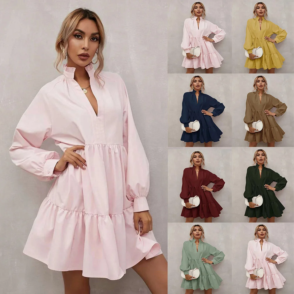 

2022 Spring And Summer New Fashion Women's Casual And Elegant Pleated Skirt Solid Color V-neck Lantern Long Sleeve Dress