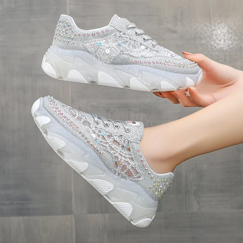 Hollow Out Shiny Crystal Sneakers Women 2022 Spring Breathable Mesh Casual Shoes Woman Thick Bottom Platform Sport Shoes