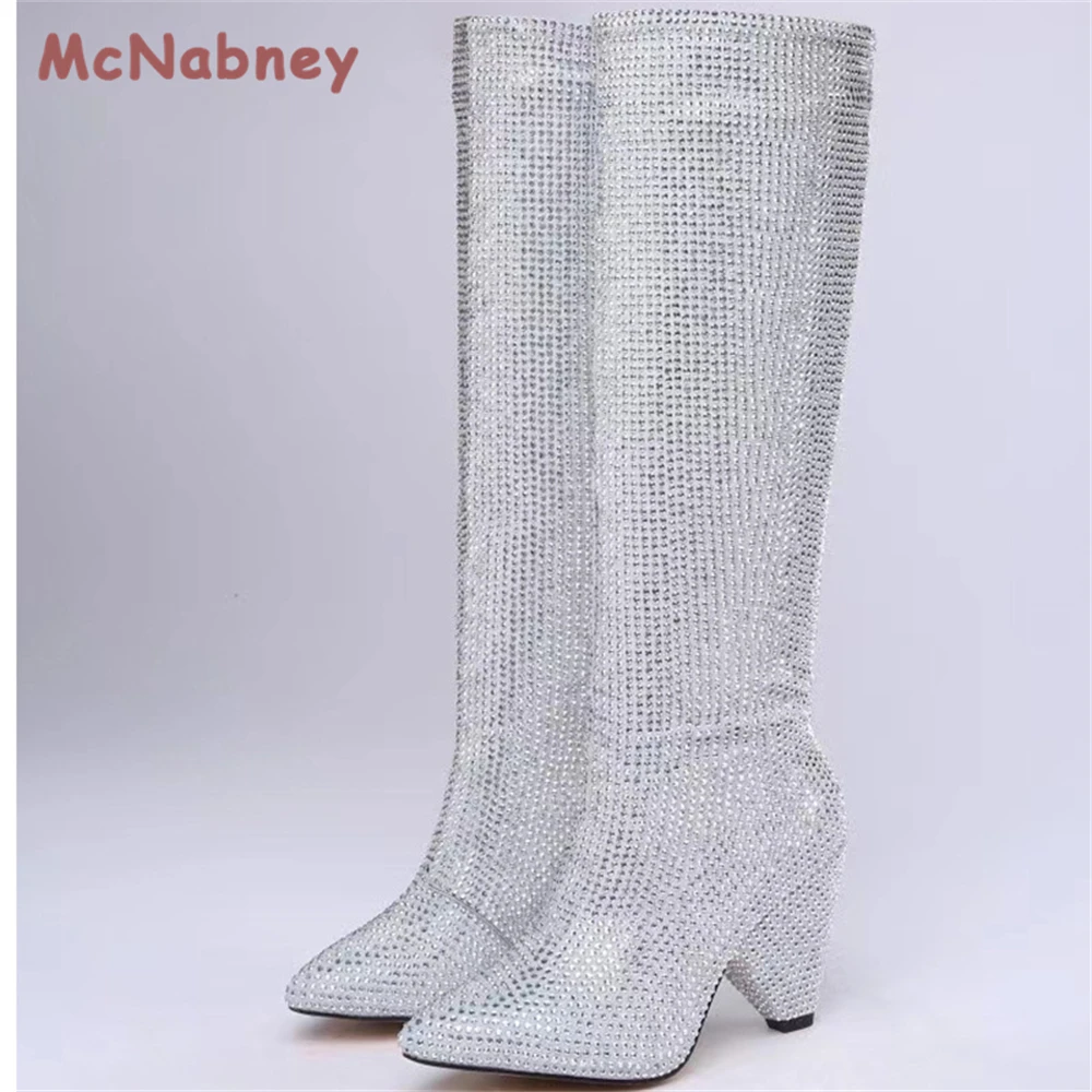 Ladies Pointed Toe Tapered Wedge Slip-On Heel Boots Luxury Rhinestone Sparkling Fashion Party Dress Women Knee Long Boots