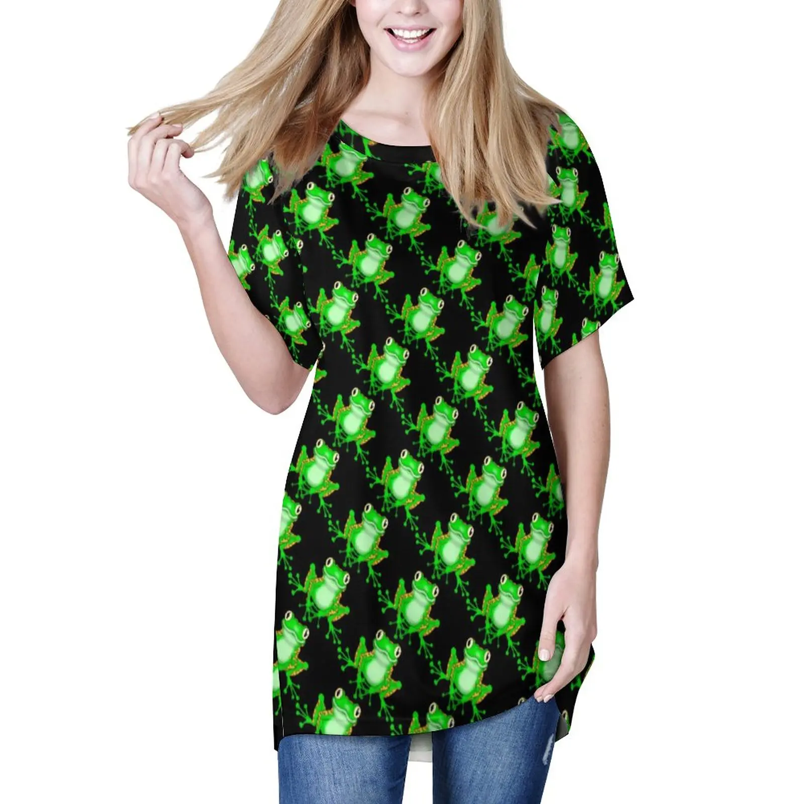 

Зеленая забавная лягушка, свободные футболки, милая уличная мода с животным принтом, футболка с коротким рукавом в эстетическом стиле, футб...