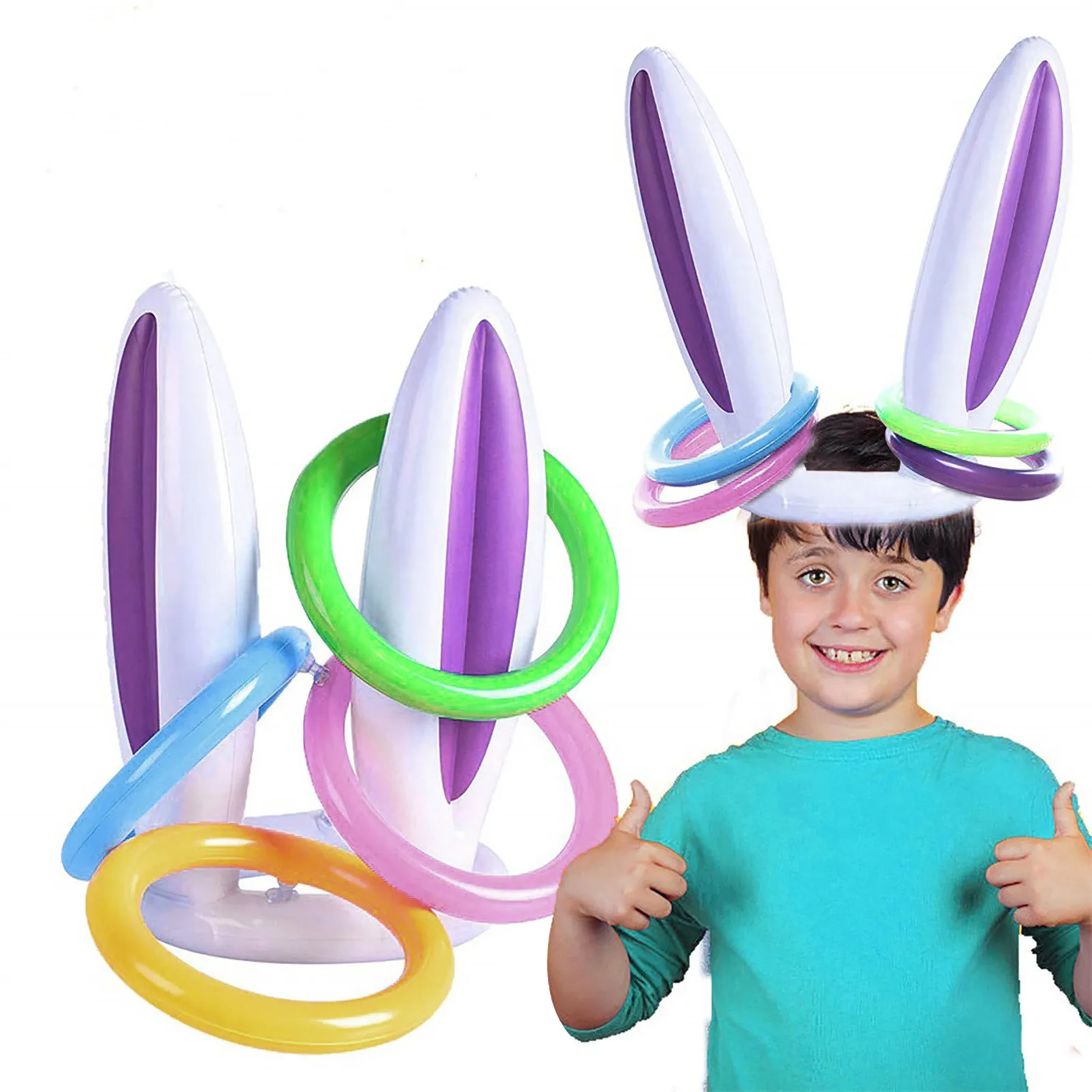 Inflatable Toys Easter Party Games Bunny Rabbit Ears Hat &amp Ring Toss Kids Game Toy Birthday Gift |