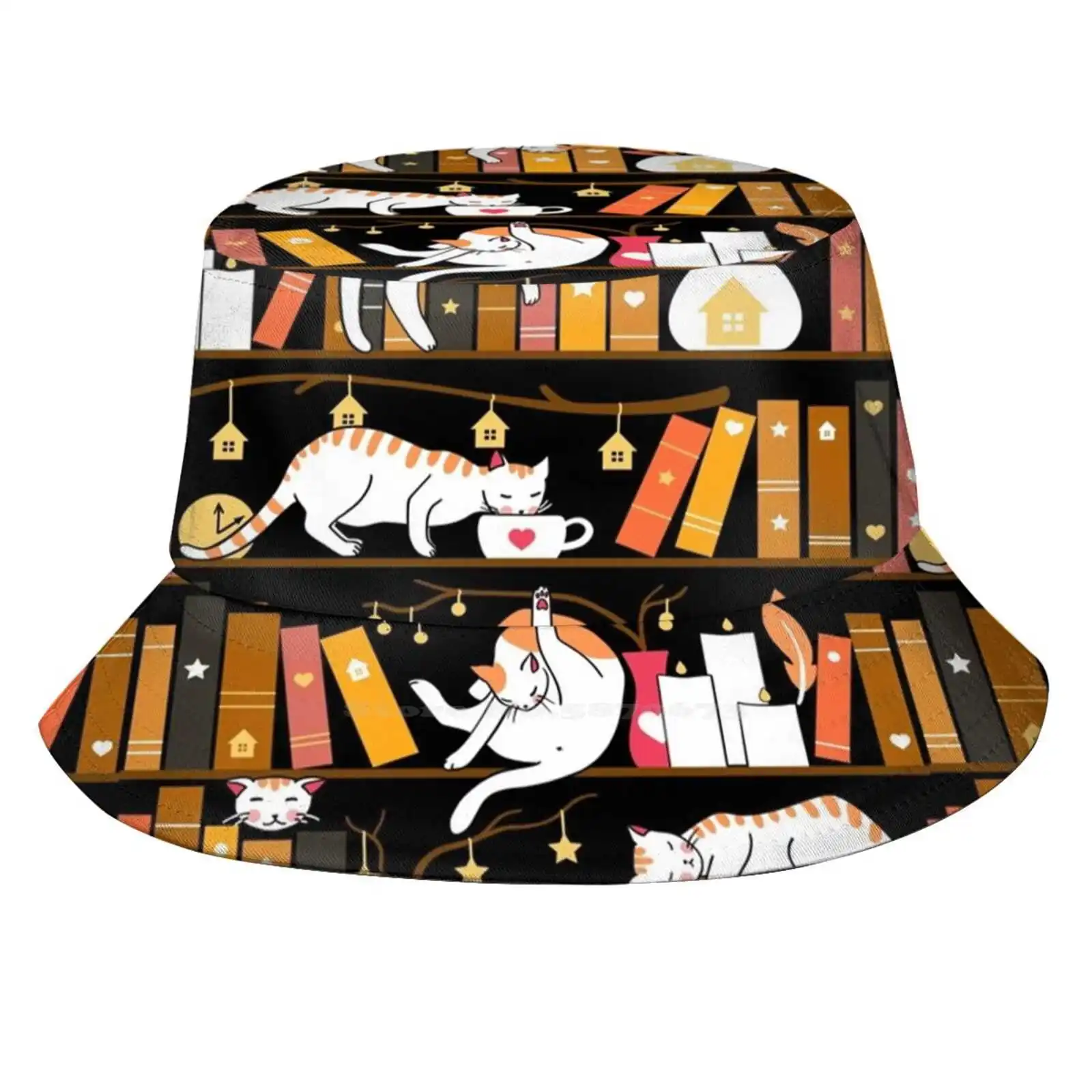 

Дышащие шляпы-ведра с плоским верхом из терракотовой горчицы для библиотеки, кошек, животных, черная книжная полка, Книжный червь, ветка, свеча, мультяшная Очистка